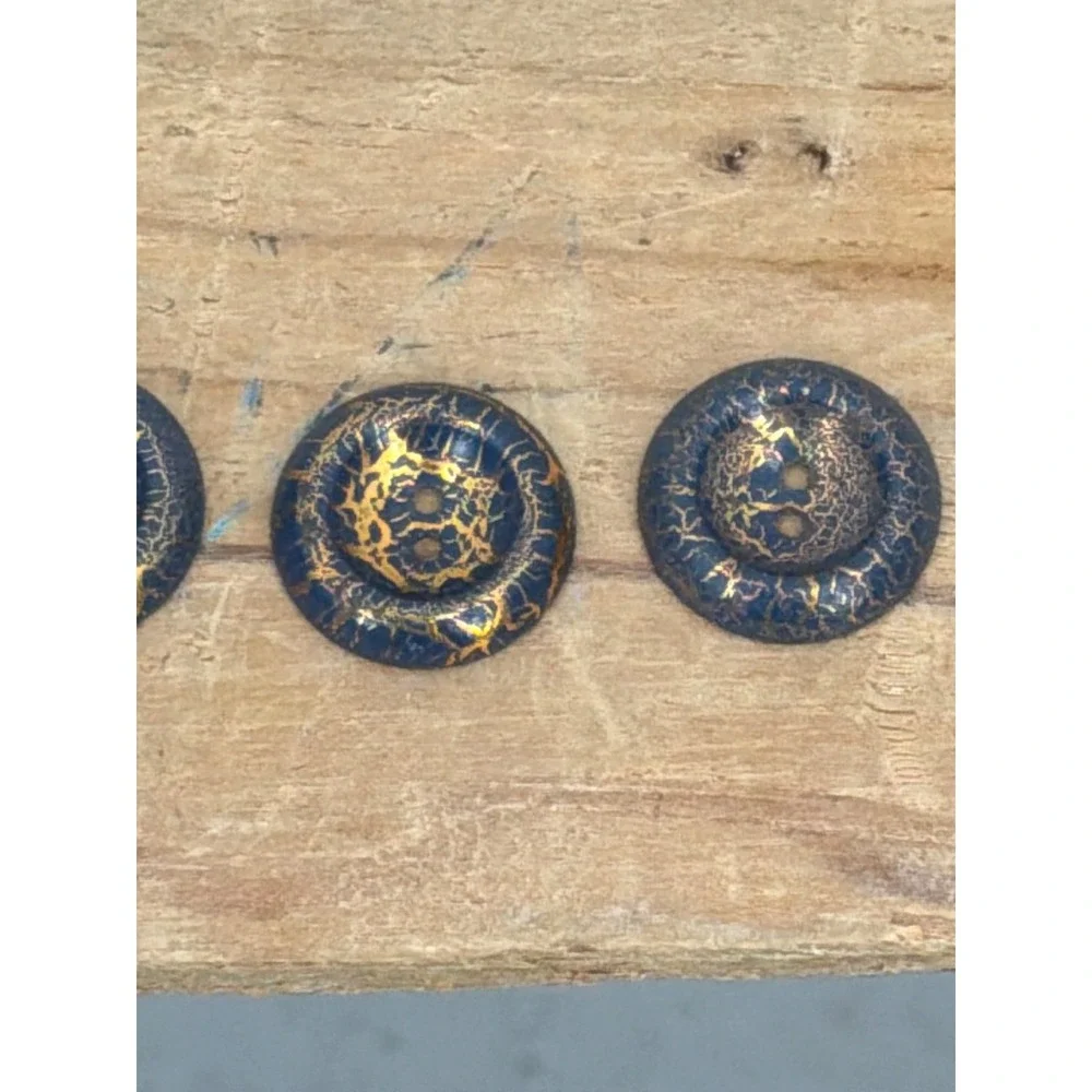 Vtg Navy Blue and Copper Tone Crackle Round Metal Buttons Set of 5 Two-Hole 18mm